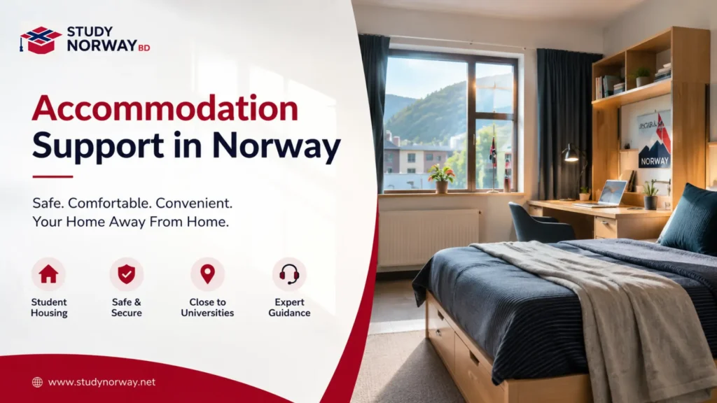 Accommodation Support in Norway for Bangladeshi students showing modern student housing, comfortable dormitory rooms, and a welcoming university campus environment.