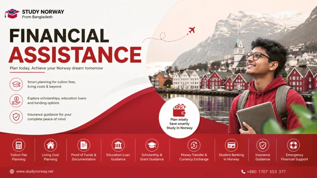 Financial Assistance for Study in Norway from Bangladesh, including student insurance, scholarships, budgeting, and financial planning.