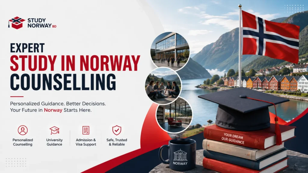 Study in Norway Counselling for Bangladeshi Students – Expert education counselling for university selection, admissions, scholarships, student visa guidance, and study planning by Study Norway BD.